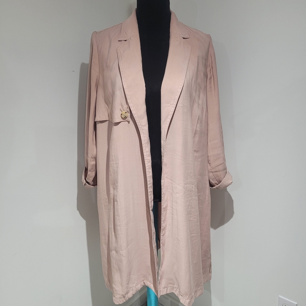 J Jill Women's Chablis Open Front Lightweight Trench Coat Medium Petite Pink